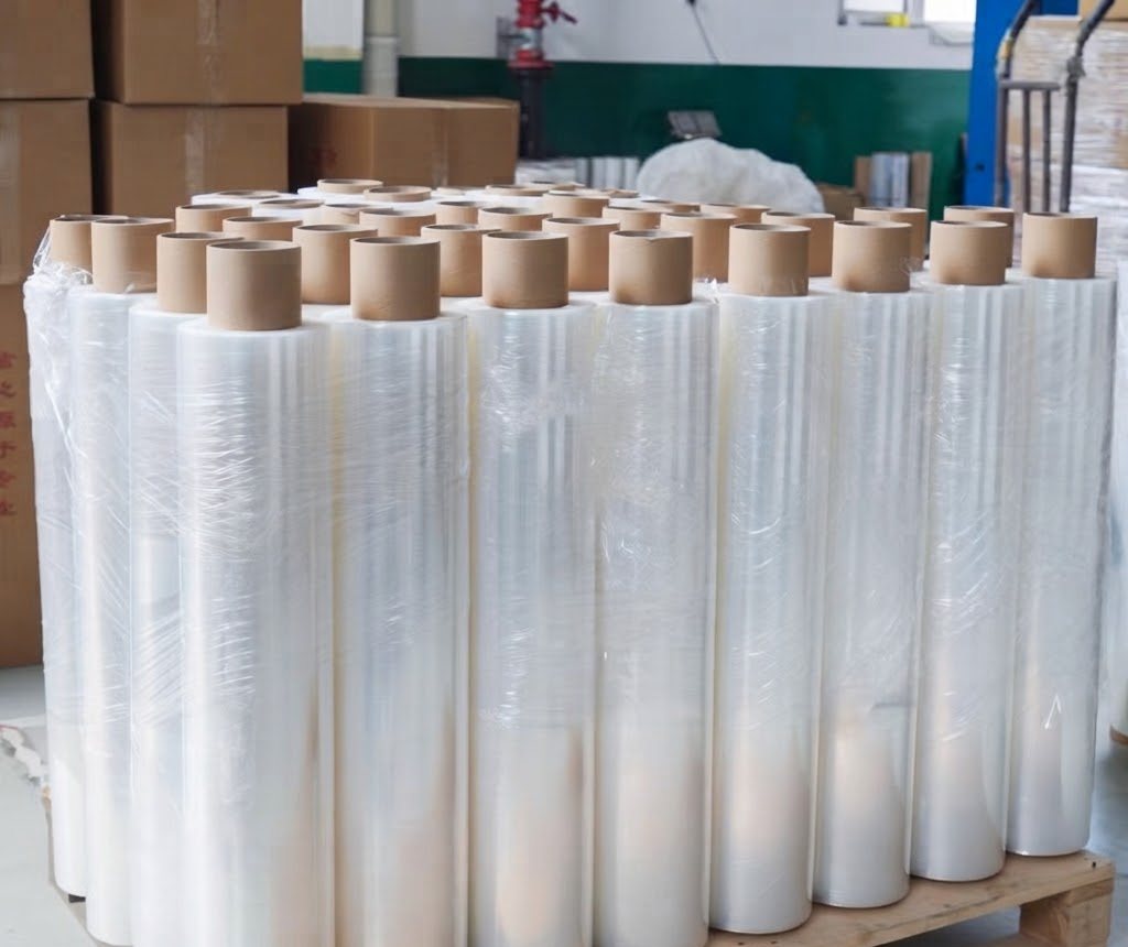 Rolls of stretch film standing on a pallet