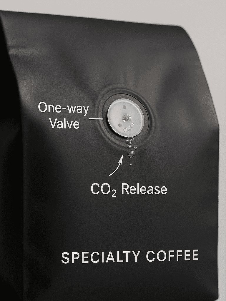 One-way valve on a black coffee pouch